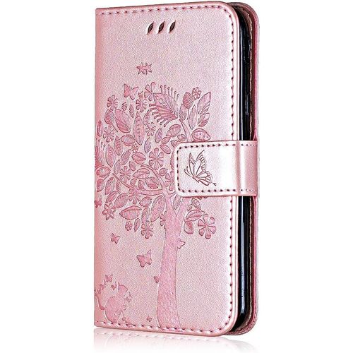 Coque Pour Galaxy A6 Plus A6+ 2018, Etui En Cuir Pu Portefeuille, Antichoc Flip Case Housse Retro Emboss Serie De Chat Et Darbre Pour Samsung Galaxy A6 Plus A6+ 2018 - Or Rose