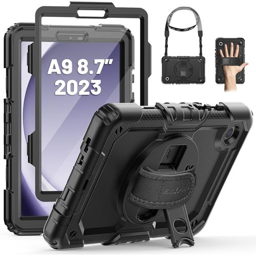 Coque Pour Galaxy Tab A9 8,7 Pouces 2023, Coque Antichoc Pour Galaxy Tab A9 Avec Protecteur D'cran, Support Rotatif  360/Dragonne, Bandoulire, Porte-Stylo Sm-X110/X115/X117, Noir