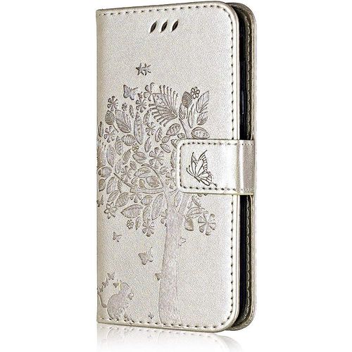 Coque Pour Google Pixel 3a, Conber Etui En Cuir Pu Portefeuille, Antichoc Flip Case Housse Retro Emboss Serie De Chat Et Darbre Pour Google Pixel 3a - Or