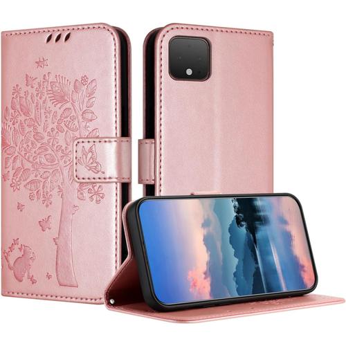 Coque Pour Google Pixel 4 Xl, Coque Portefeuille Housse Cuir Avec Porte Cartes Et Bequille Fermeture Magnetique Etui Pour Google 4 Xl - Or Rose