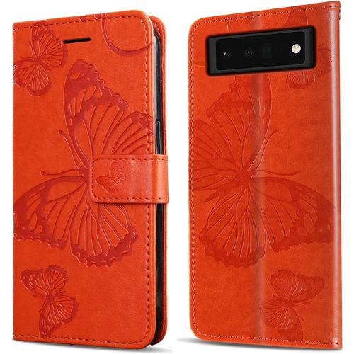 Coque Pour Google Pixel 6, Papillon Imprim Housse En Cuir Pu MagnTique Portefeuille, Tui  Rabat Pour Google Pixel 6, Orange