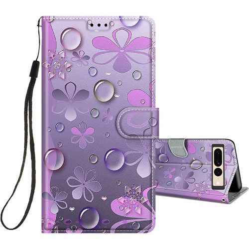 Coque Pour Google Pixel 7 Pro 5g Housse Cuir A Rabat Etui Folio Portefeuille Motif Pour Filles Femme Garcons, Flip Case Cuir Pu Etui Antichoc Cover Pour Google Pixel 7 Pro, Fleur Mauve