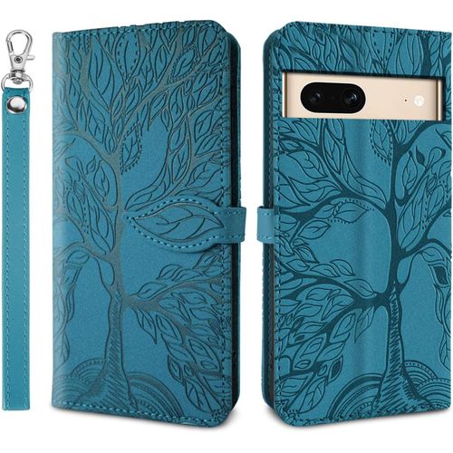 Coque Pour Google Pixel 7 Pro,Protection Etui Housse Premium En Cuir Pu Pour Google Pixel 7 Pro,Flip Cover Case Compatible Avec Google Pixel 7 Pro,Arbre De Vie Bleu