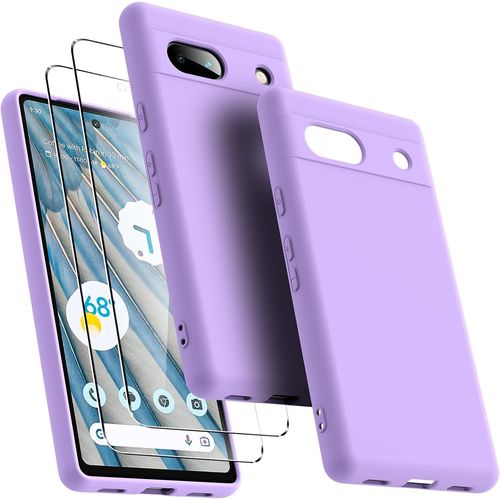 Coque Pour Google Pixel 7a Avec 2 Protecteurs D'ecran En Verre Trempe, Housse De Telephone Protectrice Slim En Silicone Liquide Antichoc Pour Femmes/Hommes - Helles Lila