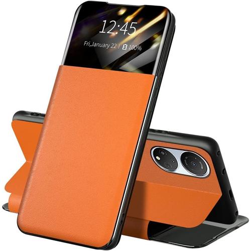 Coque Pour Honor X7 tui Antichoc Housse En Cuir  Rabat Avec Smart Clear View Smart Wake Up Fonction Support Mirror Flip Case Cover Orange