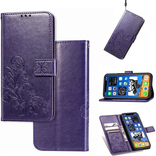 Coque Pour Honor X7a 2023,Housse Etui En Pu/Tpu Cuir Flip Portefeuille Avec Fente Pour Carte/Stand,3d Chanceux Trefle Protection Case Cover-Mauve