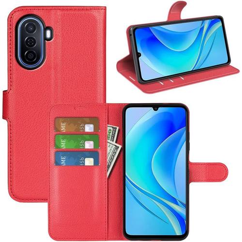 Coque Pour Huawei Nova Y70 / Y70 Plus, Antichoc Portefeuille Etui Housse En Cuir A Rabat Flip Cover Case Avec Silicone Bumper, Porte Carte, Boucle Magnetique Pour Huawei Nova Y70, Rouge