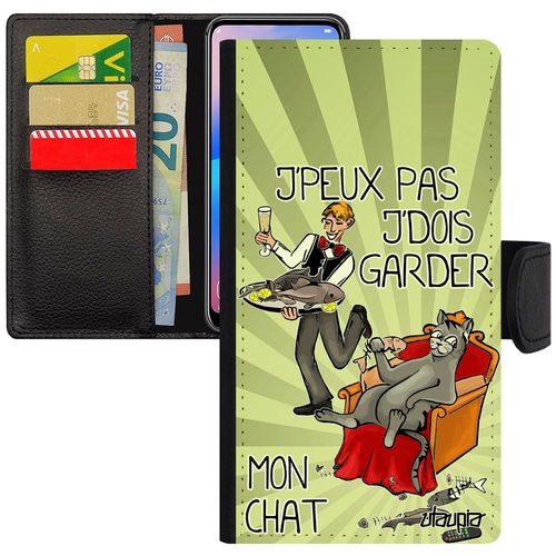 Coque Pour Huawei P Smart 2018 Rabat Portefeuille J'peux Pas J'dois Garder Mon Chat Chaton Jpeux Bd Bumper Vert Humour Aimante Etui