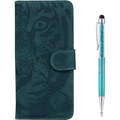Coque Pour Huawei P Smart 2020, [Gaufrage De Tigre] Bookstyle Flip Cover De En Pu Cuir Tpu Souple Phone Case Pour Huawei P Smart 2020(Vert)
