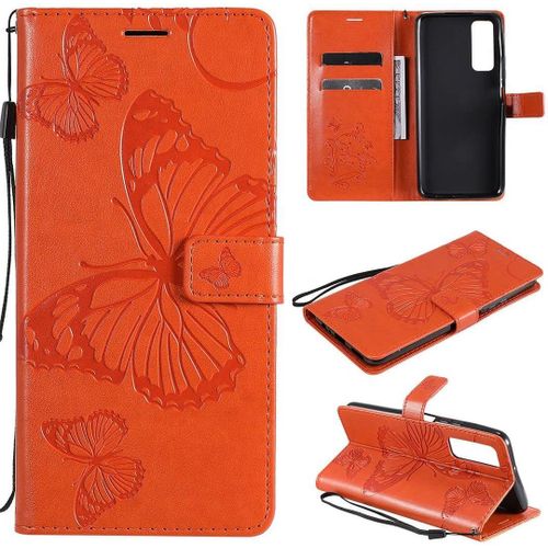 Coque Pour Huawei P Smart 2021, Motif Papillon, En Cuir Pu,  Rabat, Magntique, Support, Fentes Pour Cartes, Dragonne, tui De Protection Pour Huawei P Smart 2021 Orange