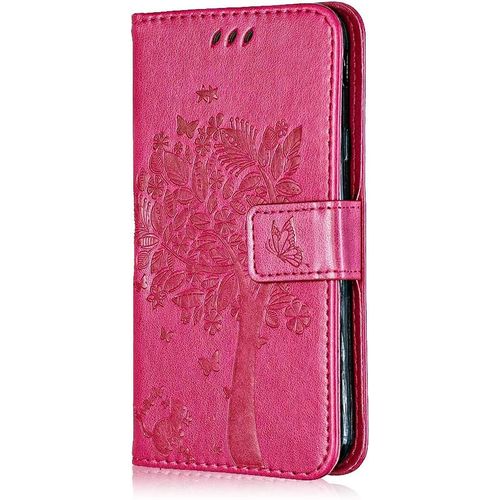 Coque Pour Huawei P Smart Plus 2018, Etui En Cuir Pu Portefeuille, Antichoc Flip Case Housse Retro Emboss Serie De Chat Et Darbre Pour Huawei P Smart Plus 2018 - Rose Vif