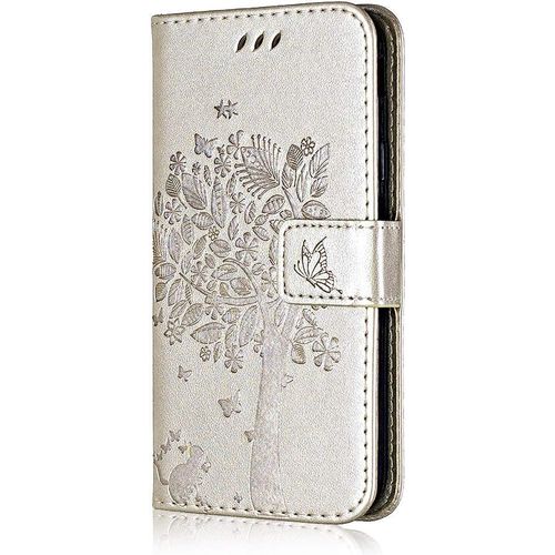 Coque Pour Huawei P9 Lite Mini, Etui En Cuir Pu Portefeuille, Antichoc Flip Case Housse Retro Emboss Serie De Chat Et Darbre Pour Huawei P9 Lite Mini/Huawei Y6 Pro 2017 - Or