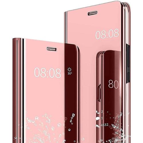Coque Pour Huawei Y5 2019,tui Housse Transparente Antichoc Intelligente Coque Flip Cover,Standing Placage Technologie Clear View Mirror Protection Case,Or Rose