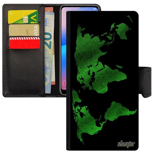 Coque Pour Huawei Y6 2018 Porte Cartes Carte Monde Texture Pas Cher Atlas Design Terre 4g Original Vert  Clapet Globe Pays Motif En