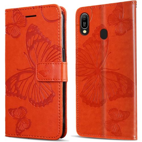 Coque Pour Huawei Y6 2019 / Honor 8a, Papillon Imprim Housse En Cuir Pu MagnTique Portefeuille, Tui  Rabat Pour Huawei Y6 2019 / Honor 8a, Orange
