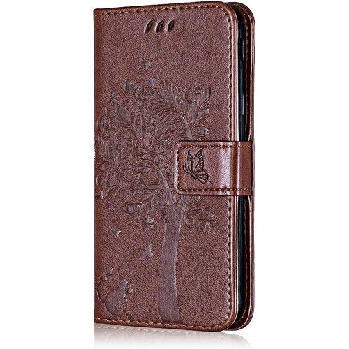 Coque Pour Huawei Y6 Pro 2017, Etui En Cuir Pu Portefeuille, Antichoc Flip Case Housse Retro Emboss Serie De Chat Et Darbre Pour Huawei Y6 Pro 2017 - Cafe