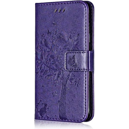 Coque Pour Huawei Y6 Pro 2017, Etui En Cuir Pu Portefeuille, Antichoc Flip Case Housse Retro Emboss Serie De Chat Et Darbre Pour Huawei Y6 Pro 2017 - Violet