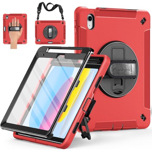 Coque Pour Ipad A16 11eme/10eme Generation 2025/2022 11/10.9: Militaire Robuste Antichoc Housse Etui Cover Case-Protection D'cran -Porte-Crayon-Support Rotatif-Dragonne/Bandoulire-Rouge
