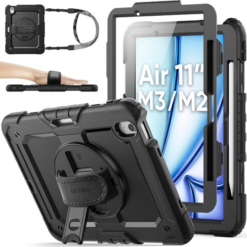 Coque Pour Ipad Air 11 Pouces M3/M2 2025/2024 / Air 7/6eme Gnration, Coque Antichoc Avec Bquille/Dragonne Rotative  360 Degrs/Protecteur D'cran/Porte-Crayon/Bandoulire, Noir