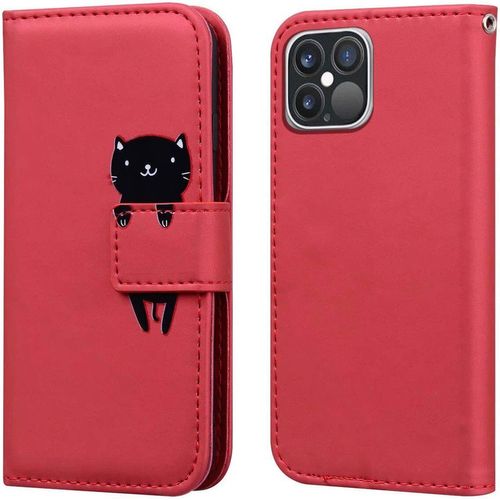 Coque Pour Iphone 12 Pro Max 6,7 Pouces , Mignon Cartoon Animal Chat Etui Portefeuille En Cuir Pu Housse Avec Fonction Stand, Fermeture Magntique, Emplacements De Cartes -Rouge Fonc