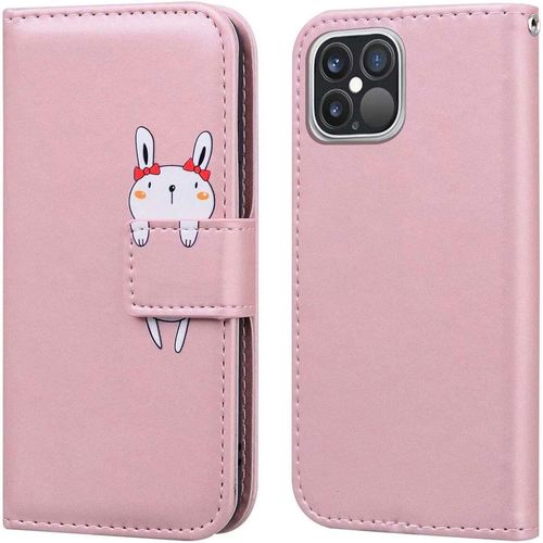 Coque Pour Iphone 12 Pro Max 6,7 Pouces , Mignon Cartoon Animal Lapin Etui Portefeuille En Cuir Pu Housse Avec Fonction Stand, Fermeture Magntique, Emplacements De Cartes -Or Rose
