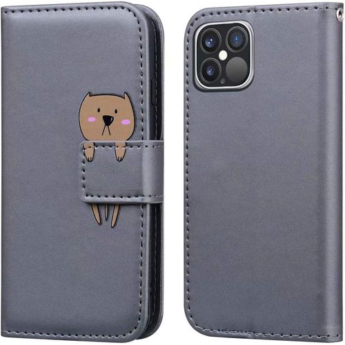 Coque Pour Iphone 12 Pro Max 6,7 Pouces , Mignon Cartoon Animal Ours Etui Portefeuille En Cuir Pu Housse Avec Fonction Stand, Fermeture Magntique, Emplacements De Cartes -Gris