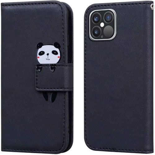 Coque Pour Iphone 12 Pro Max 6,7 Pouces , Mignon Cartoon Animal Panda Etui Portefeuille En Cuir Pu Housse Avec Fonction Stand, Fermeture Magntique, Emplacements De Cartes -Noir