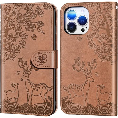 Coque Pour Iphone 13 Pro Max 6,7 Pouces , Fleur Cerf Sika Animaux Motif tui  Rabat, Housse De Protection En Cuir Synthtique Portefeuille Avec Fentes Pour Cartes, Brun