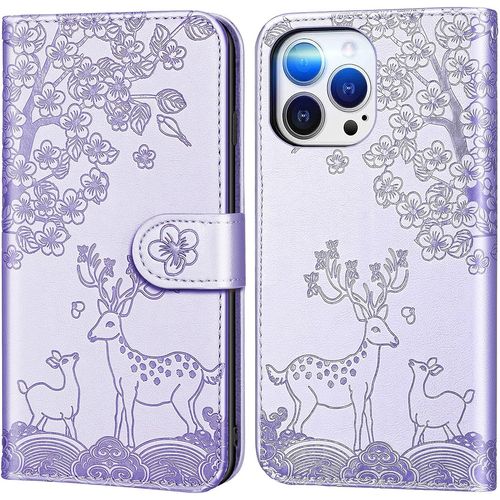Coque Pour Iphone 13 Pro Max (6,7 Pouces), Fleur Cerf Sika Animaux Motif Etui A Rabat, Housse De Protection En Cuir Synthetique Portefeuille Avec Fentes Pour Cartes, Mauve