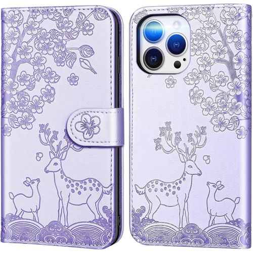 Coque Pour Iphone 13 Pro Max (6,7 Pouces), Fleur Cerf Sika Animaux Motif Etui A Rabat, Housse De Protection En Cuir Synthetique Portefeuille Avec Fentes Pour Cartes, Mauve