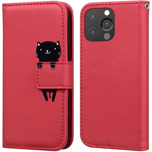 Coque Pour Iphone 13 Pro Max 6,7 Pouces , Mignon Cartoon Animal Chat Etui Portefeuille En Cuir Pu Housse Avec Fonction Stand, Fermeture Magntique, Emplacements De Cartes -Rouge Fonc