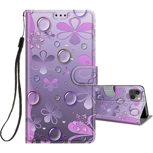 Coque Pour Iphone 14 Plus Housse Cuir A Rabat Etui Pour Iphone 14 Plus Folio Portefeuille Motif Pour Filles Femme Flip Case Cuir Pu Etui Cover Pour Iphone 14 Plus, Fleur Mauve