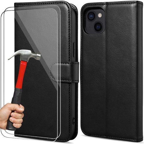 Coque Pour Iphone 14 Plus Portefeuille Support Noir Effet Cuir Et 2 Verres Tremps