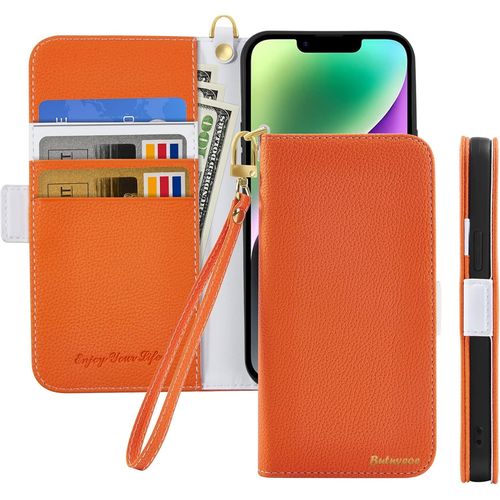 Coque Pour Iphone 14 Plus Rabat,Housse Iphone 14 Plus Clapet,Portefeuille Etui Avec Fonction Support Et Porte-Carte,Litchi Textur Cuir/Antichoc Flip Cover Case.Orange