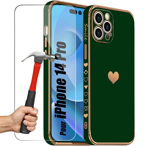 Coque Pour Iphone 14 Pro Vert Nuit Antichoc Silicone Motif CUr Et 2 Verres Trempes - E.F.Connection