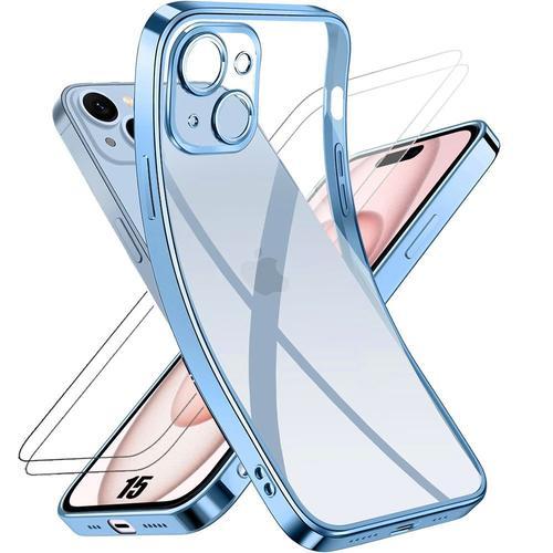 Coque Pour Iphone 15 Bleu + 2 Verres Tremps Vitre Protection D'cran - E.F.Connection