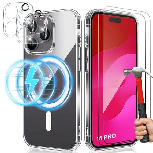 Coque Pour Iphone 15 Pro Avec Cercle Magntique + 2 Verres Tremps + 2 Protection Objectif Arrire - Booling