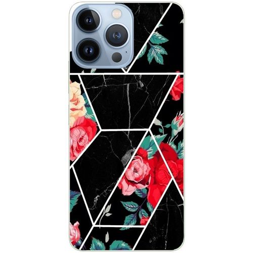 Coque Pour Iphone 15 Pro Marbre Noir Et Fleur Rouge