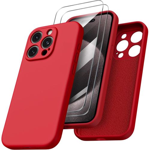 Coque Pour Iphone 15 Pro Max - 2x Vitre Verre Trempe Protection Camra Intgrale Silicone Rouge