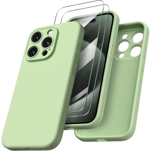 Coque Pour Iphone 15 Pro Max - 2x Vitre Verre Trempe Protection Camra Intgrale Silicone Vert