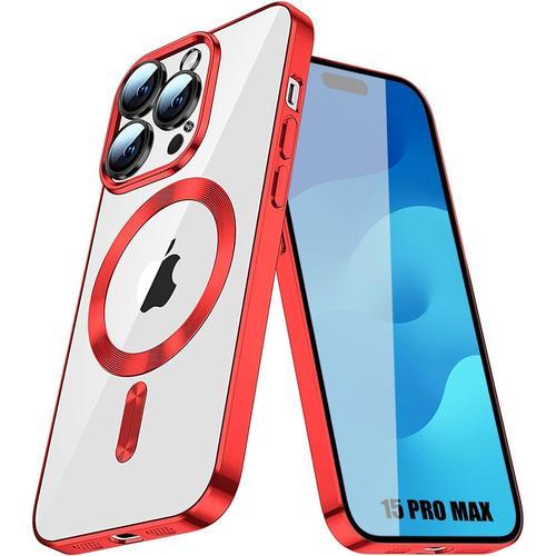 Coque Pour Iphone 15 Pro Max Avec Cercle Magntique, Antichoc Protection Transparente Contour Rouge - Booling