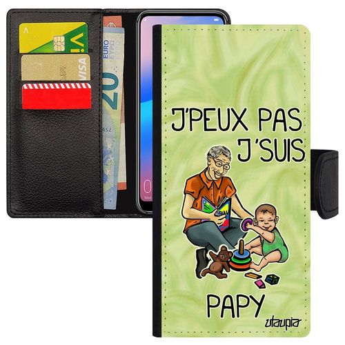 Coque Pour Iphone 15 Pro Max En Simili Cuir Rabat J'peux Pas J'suis Papy Aimante Texte Humour Je Bd Papi Comique Housse Vert