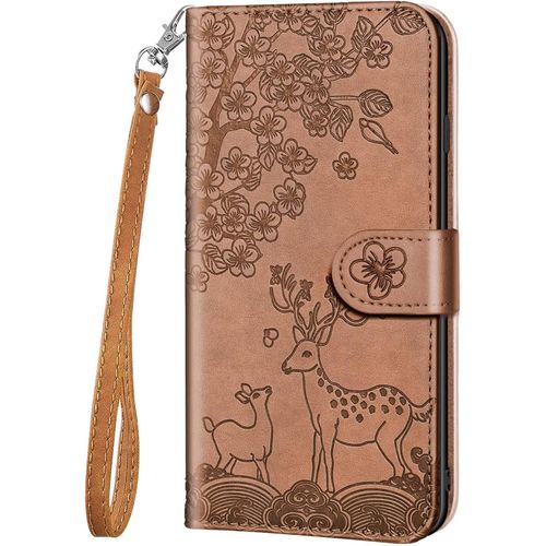 Coque Pour Iphone 6 Plus/Iphone 6s Plus, Fleur Cerf Sika Animaux Etui A Rabat, Housse De Protection En Cuir Synthetique Portefeuille Avec Fentes Pour Cartes, Fonction De Support, Brun