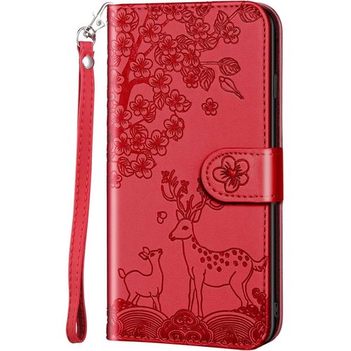 Coque Pour Iphone 6 Plus/Iphone 6s Plus, Fleur Cerf Sika Animaux Etui A Rabat, Housse De Protection En Cuir Synthetique Portefeuille Avec Fentes Pour Cartes, Fonction De Support, Rouge