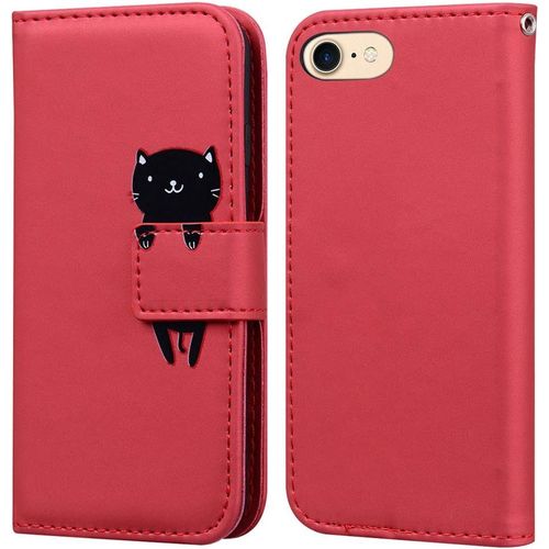 Coque Pour Iphone 7/Iphone 8/Iphone Se 2020 4,7 Pouces , Mignon Cartoon Animal Chat Etui Portefeuille En Cuir Pu Housse Avec Fermeture Magntique, Emplacements De Cartes -Rouge Fonc