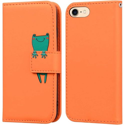 Coque Pour Iphone 7/Iphone 8/Iphone Se 2020 4,7 Pouces , Mignon Cartoon Animal Grenouille Etui Portefeuille En Cuir Pu Housse Avec Fermeture Magntique, Emplacements De Cartes -Orange
