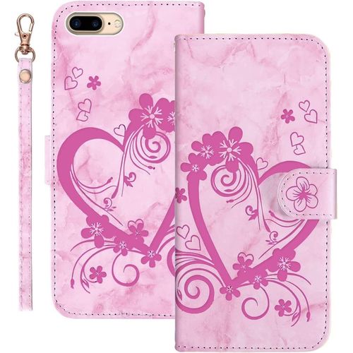 Coque Pour Iphone 7 Plus/8 Plus Flip Wallet Cover,Motif Floral En Forme De Coeur Pu Antichoc,Fonction Stand,Fentes Cartes,Rose