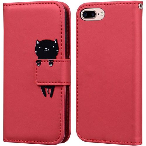Coque Pour Iphone 7 Plus/Iphone 8 Plus 5,5 Pouces , Mignon Cartoon Animal Chat Etui Portefeuille En Cuir Pu Housse Avec Fermeture Magntique, Emplacements De Cartes -Rouge Fonc