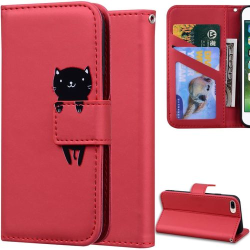 Coque Pour Iphone 8 Plus/Iphone 7 Plus, Dessin Anim Animal Modle Magntique Flip Wallet Protection Cover Housse tui Case Pu Cuir Supporter Avec Carte De Crdit Fentes-Rouge Chat