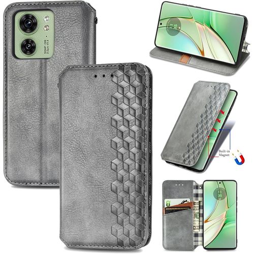 Coque Pour Motorola Edge 40, Antichoc Housse tui En Cuir Flip Case Portefeuille Avec Motif Losange 3d Porte Carte Adsorption Magntique Pour Moto Edge 40, Gris